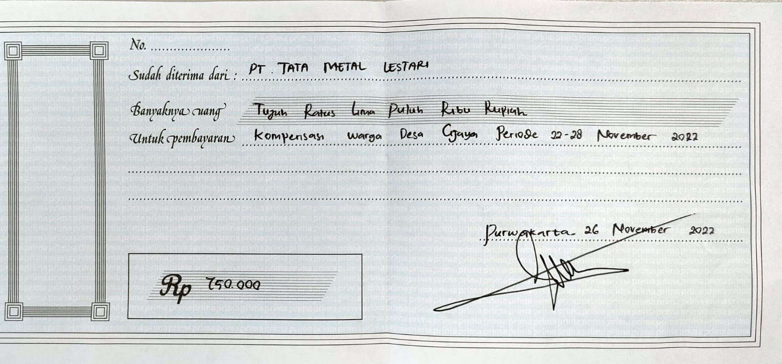 TML - Pemberian kompensasi kepada warga desa cijaya selama tahap project periode 15-28 November 2022